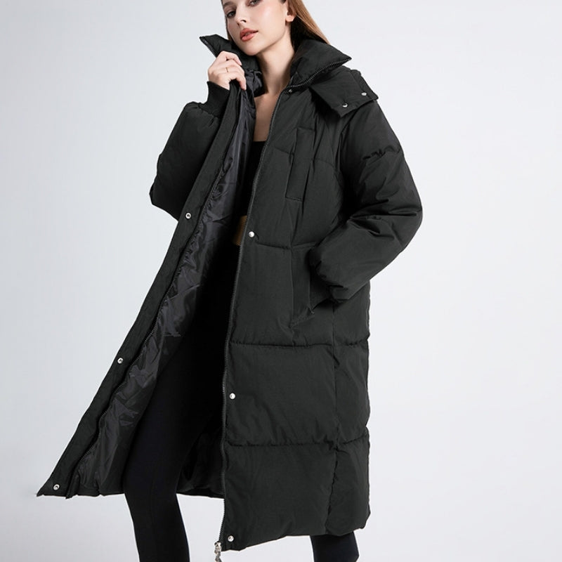 Warm Black Long Hooded Puffer Coat with Zip Front Belted Waist