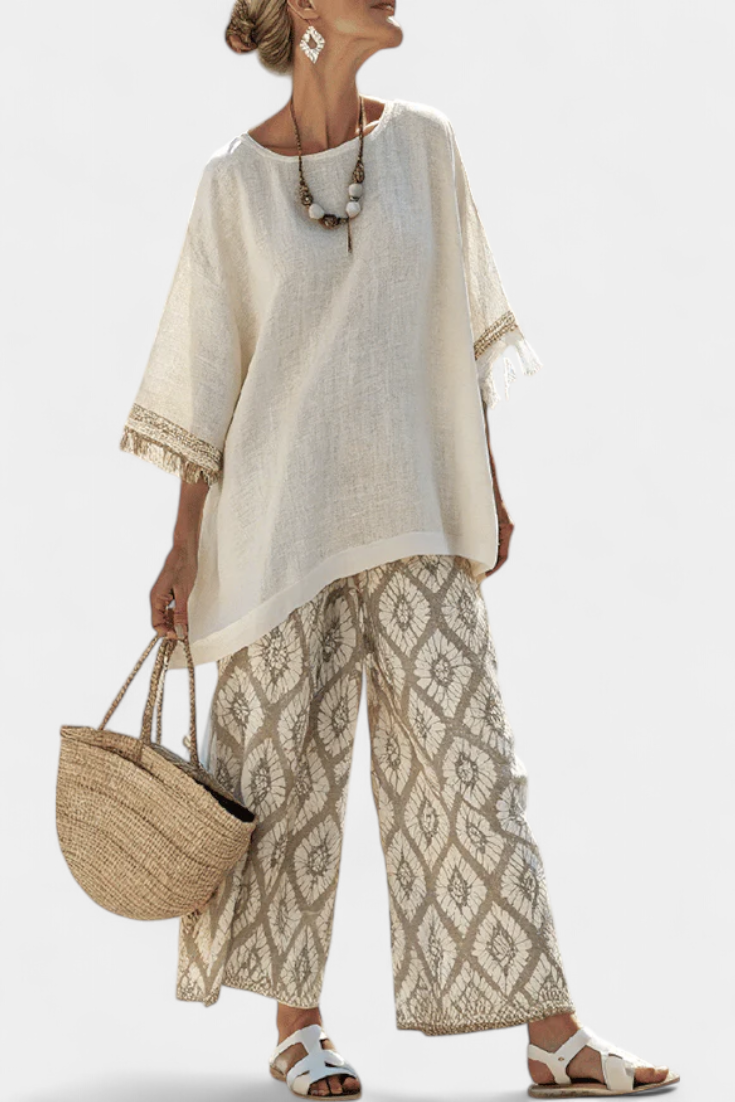 Two-Piece Trouser Set with Fringe Top and Wide Legs