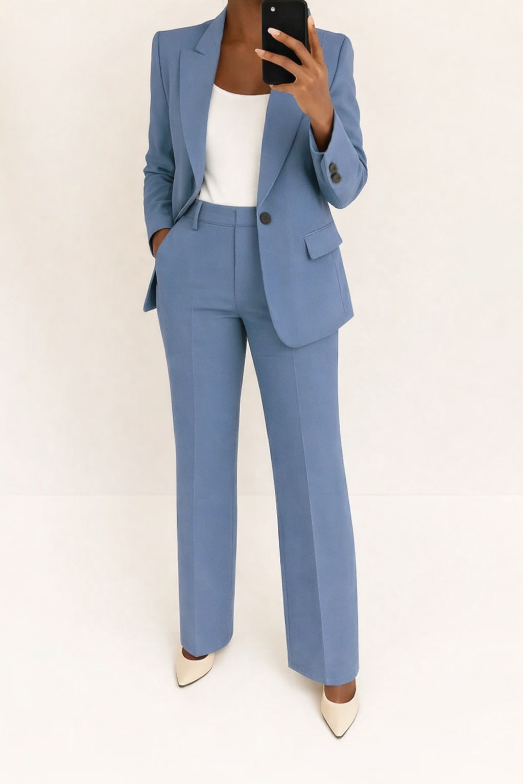 Two-Piece Set with Single Button Blazer Wide Leg Pants Tailored