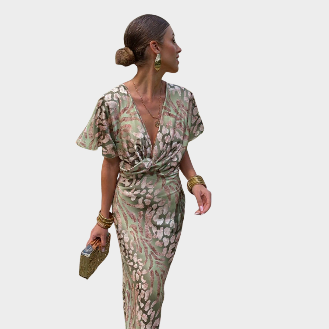 V-Neck Midi Dress with Twist Waist and Flutter Sleeves