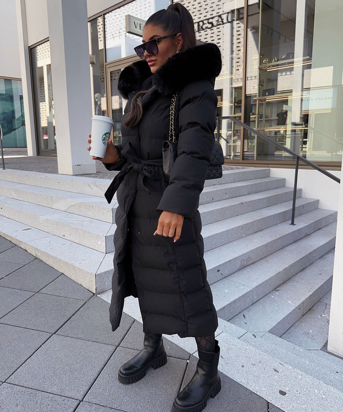 Women's Black Parka Winter Jacket with Faux Fur and Tie Belt