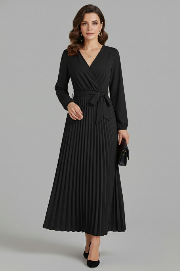 V-Neck Maxi Dress with Pleated Skirt and Tie Waist