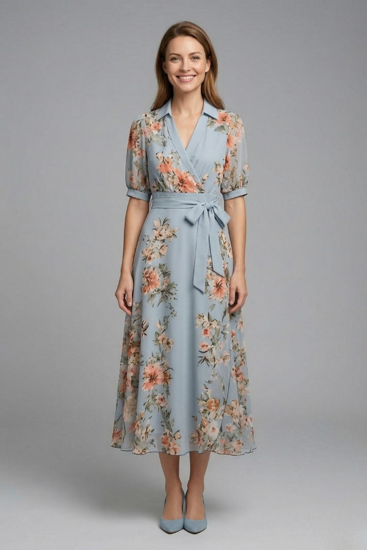Wrap Dress with V-Neck and Waist Tie