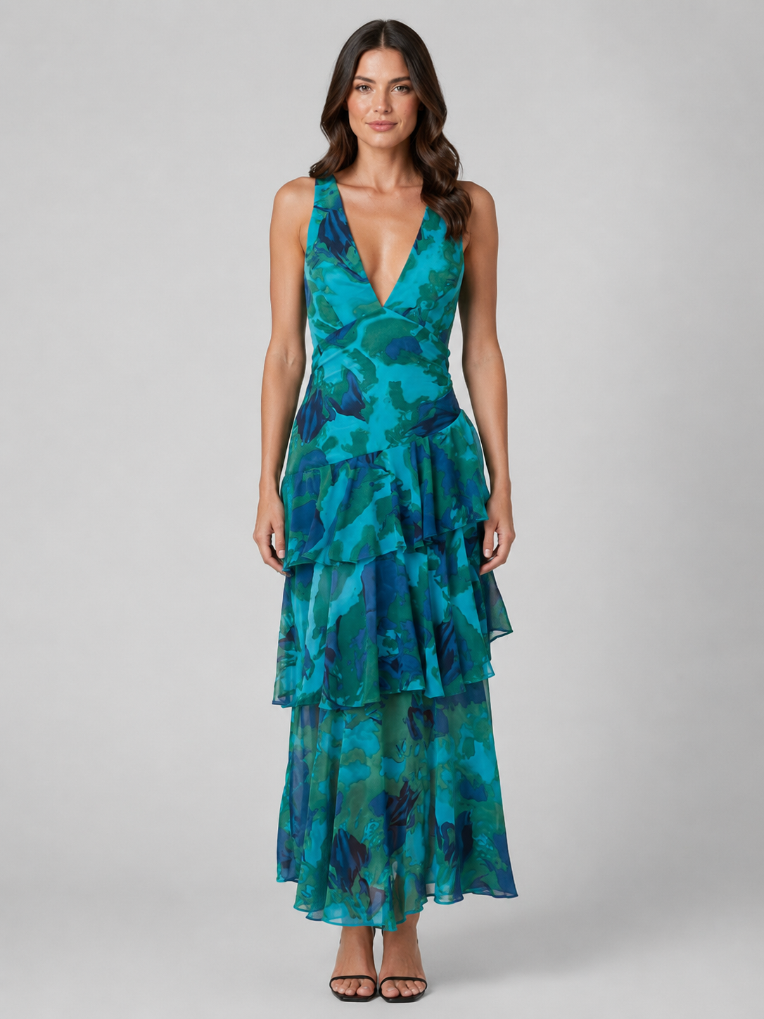 V-Neck Floral Maxi Dress with Tiered Ruffles
