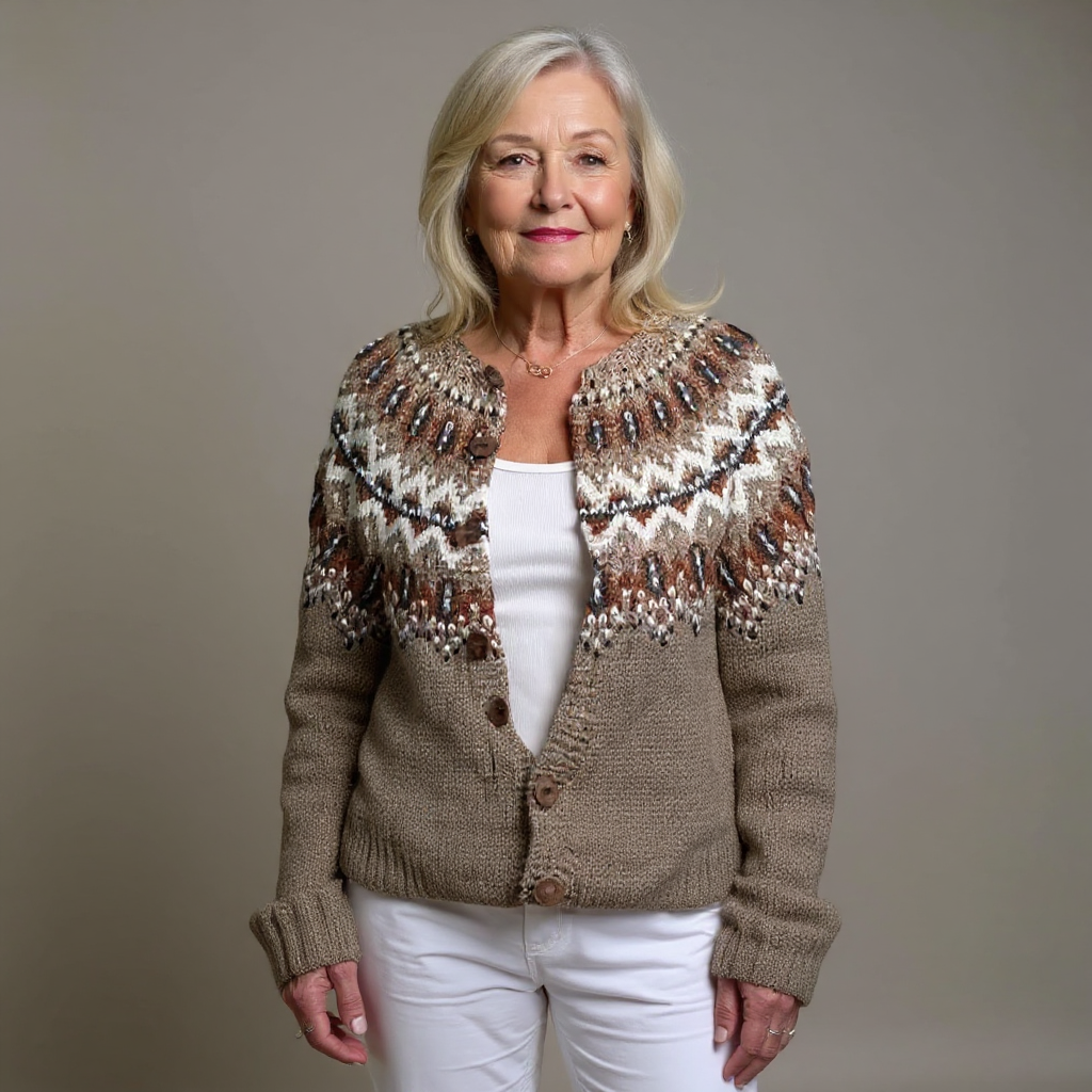 Wool Cardigan with Nordic Yoke and Button Front