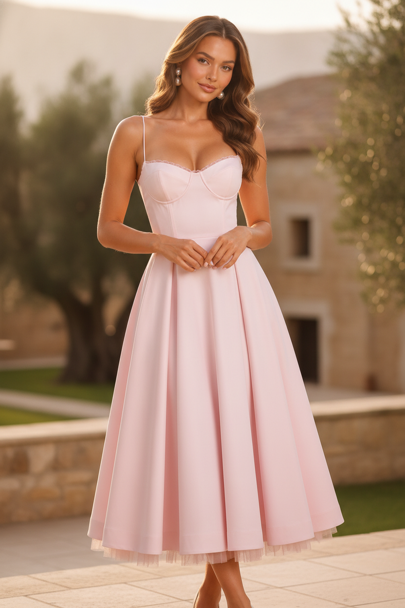 Wedding Guest Midi Dress with Corset Bodice