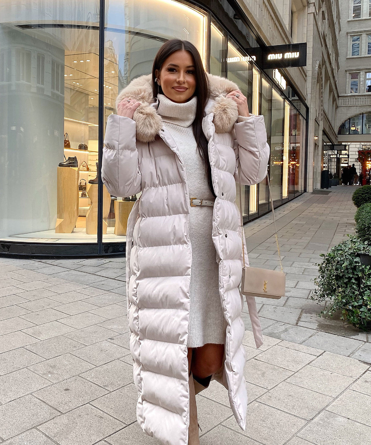 Women's Beige Parka Winter Jacket with Faux Fur and Tie Belt