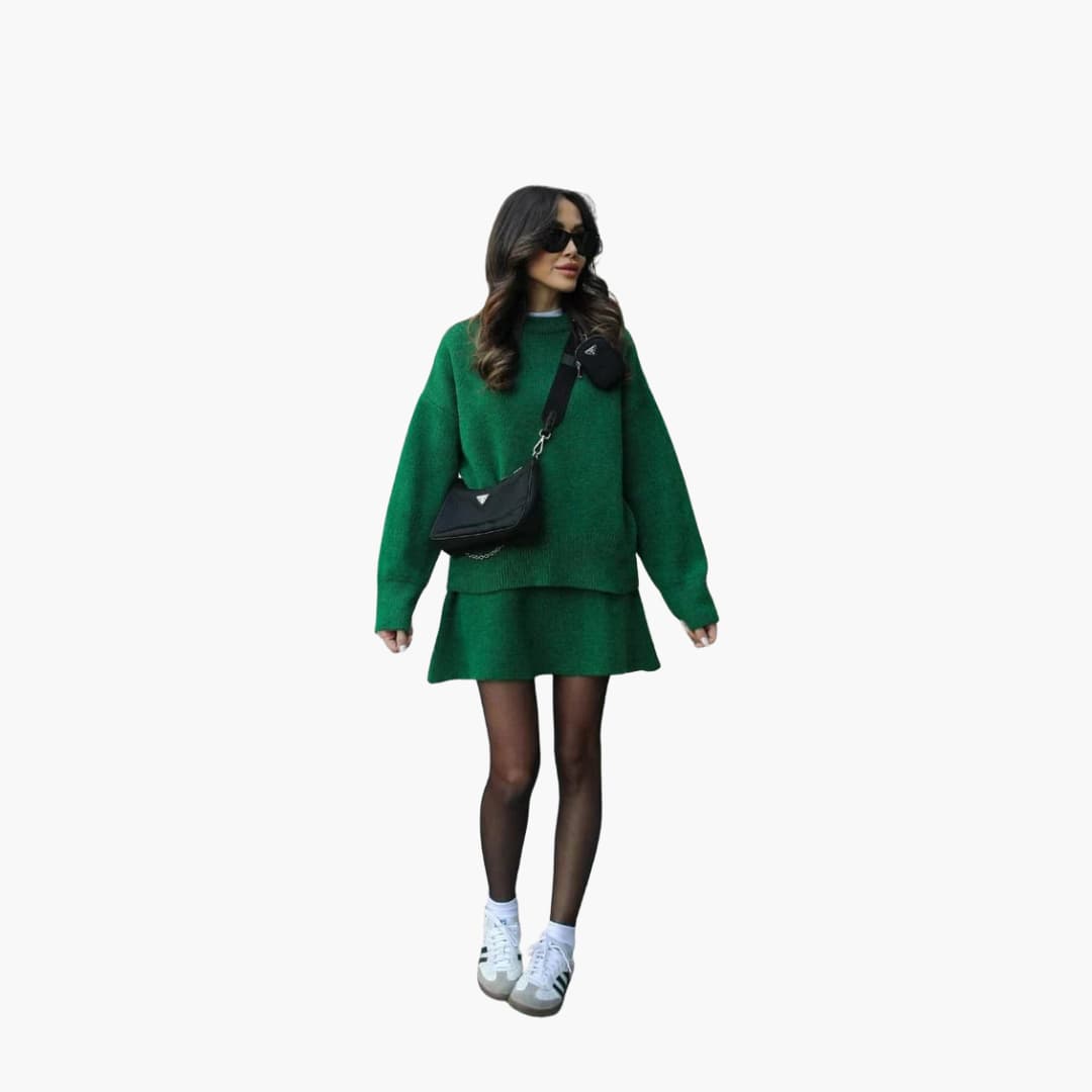 Black Knit Two-Piece Set with Crew Neck Sweater High Waist Mini