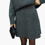 Chic Black Knit Two Piece Set for Women with Crew Neck Sweater High Waist Mini Skirt Lounge Style