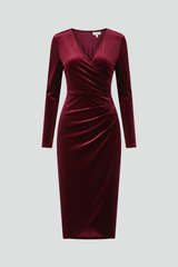 Women’s Midi Dress with V Neckline and Long Sleeves