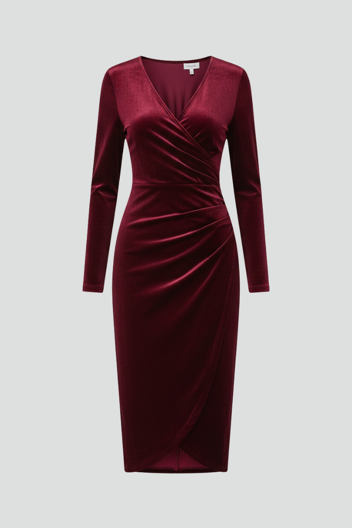 Women’s Midi Dress with V Neckline and Long Sleeves