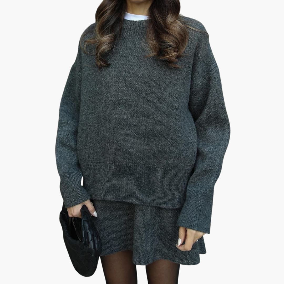 Black Knit Two-Piece Set with Crew Neck Sweater High Waist Mini