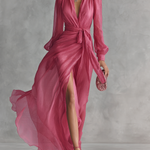 Women's Elegant Rose Pink Pearl Chiffon V-neck Tie-waist Long Dress