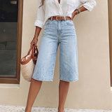 Effortless Light Blue Denim Culotte Jean Shorts for Women with High Waist Wide Leg Cropped Style