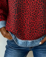 Leopard Print Sweatshirt with Crew Neck Long Sleeve Denim Colorblock