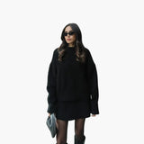 Chic Black Knit Two Piece Set for Women with Crew Neck Sweater High Waist Mini Skirt Lounge Style