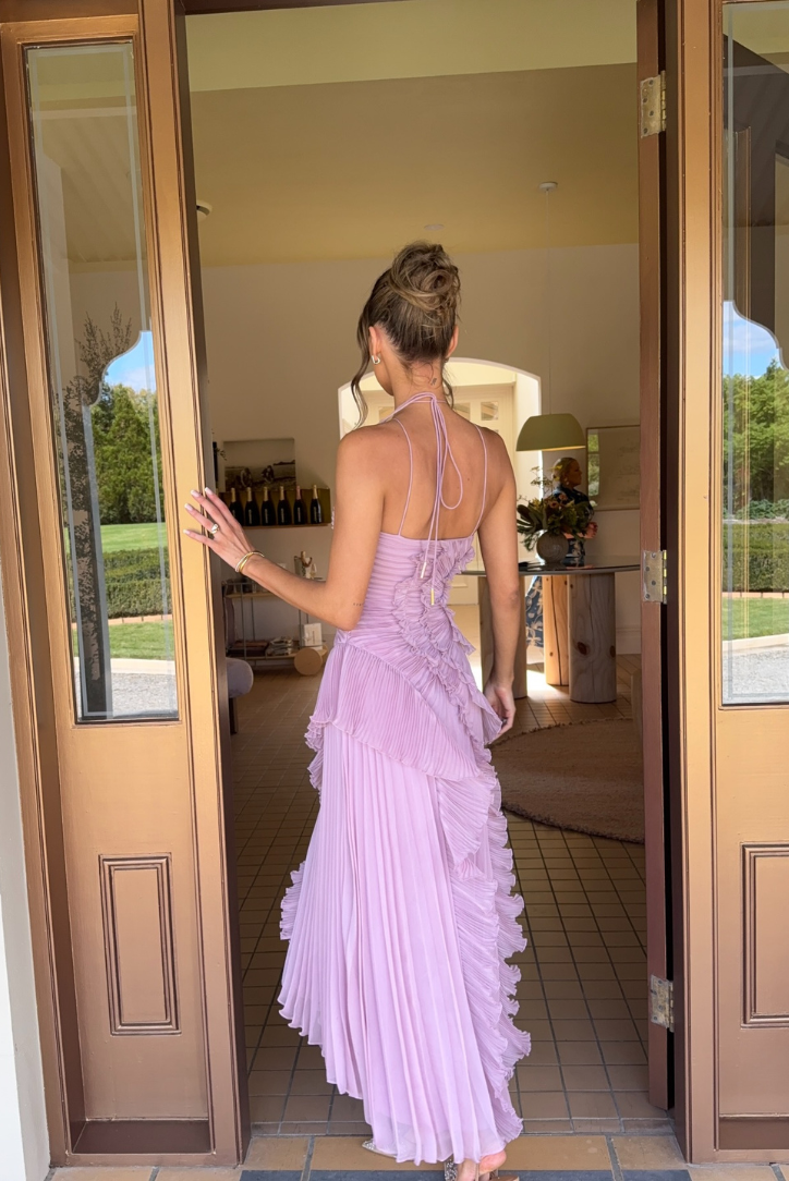 Pleated Halter Dress with Asymmetric Ruffles