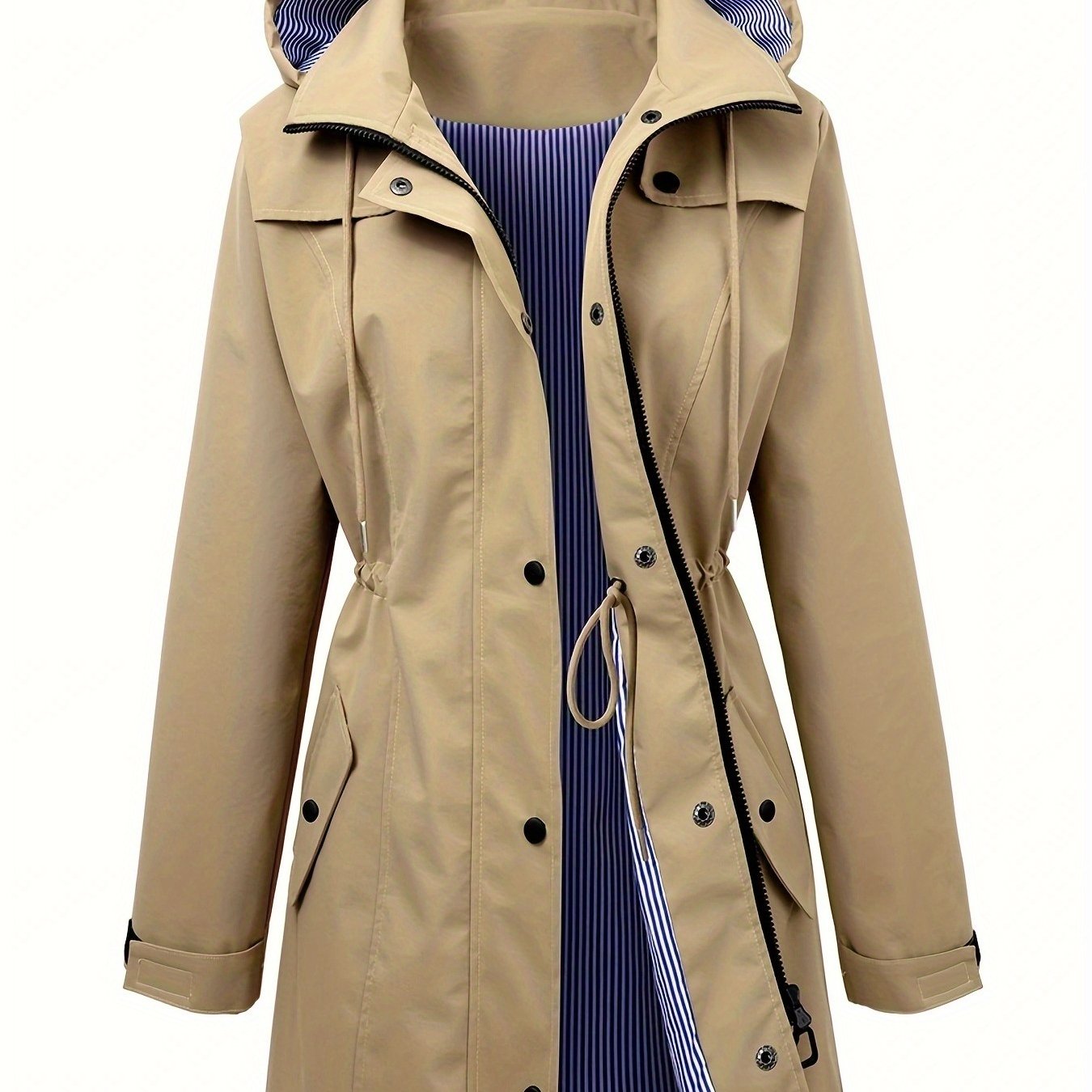 Hooded Rainwear Jacket with Drawstring Waist Zip Front Longline