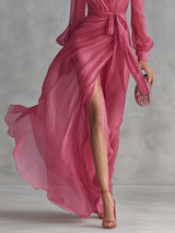 Women's Elegant Rose Pink Pearl Chiffon V-neck Tie-waist Long Dress