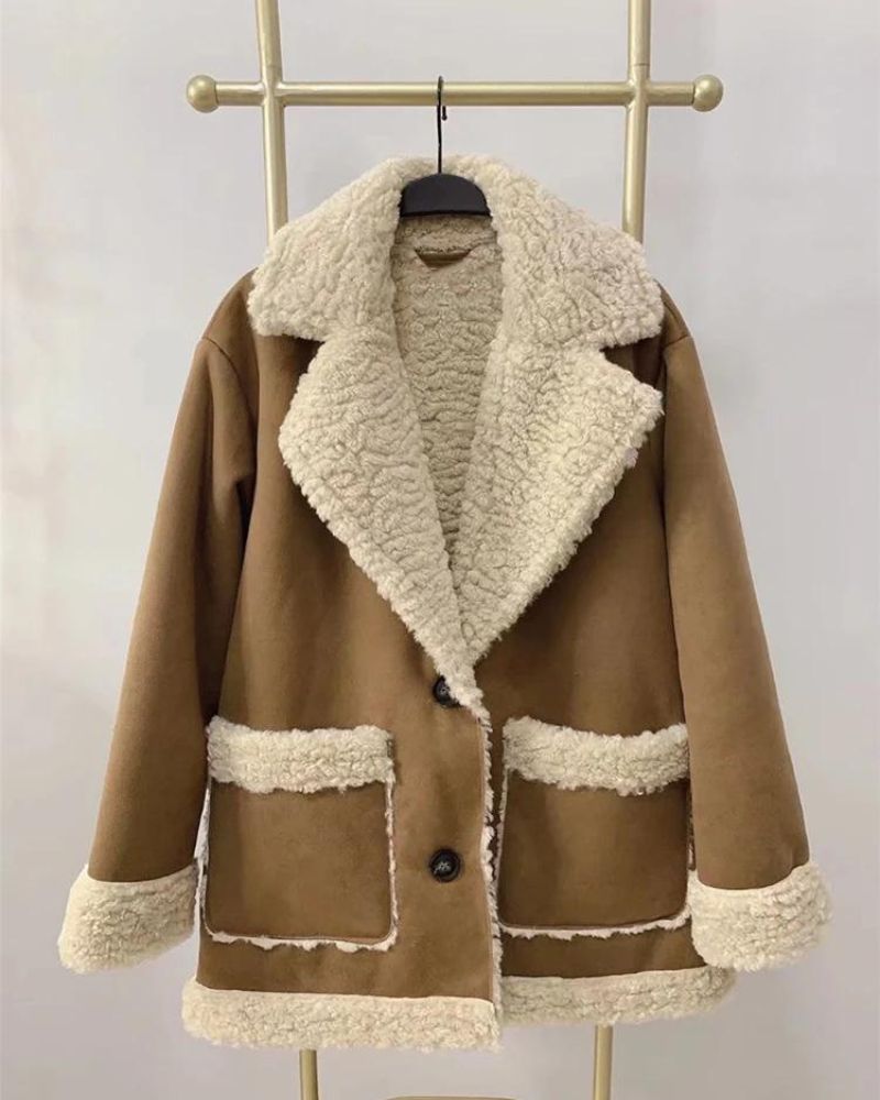 Women's Shearling-Lined Faux Suede Coat with Zip Closure