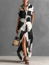 Stylish Black and White Shirt Dress for Women with Lapel Collar Color Block Button Front Short Sleeve Linen Casual Maxi Style