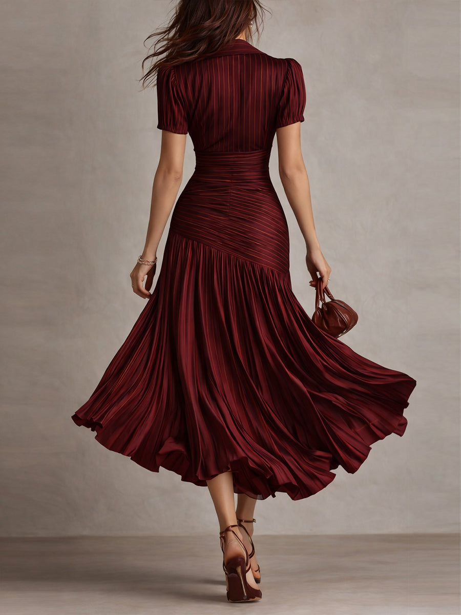 Striped Satin Midi Dress with Pleated Detail