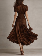 Striped Satin Midi Dress with Pleated Detail