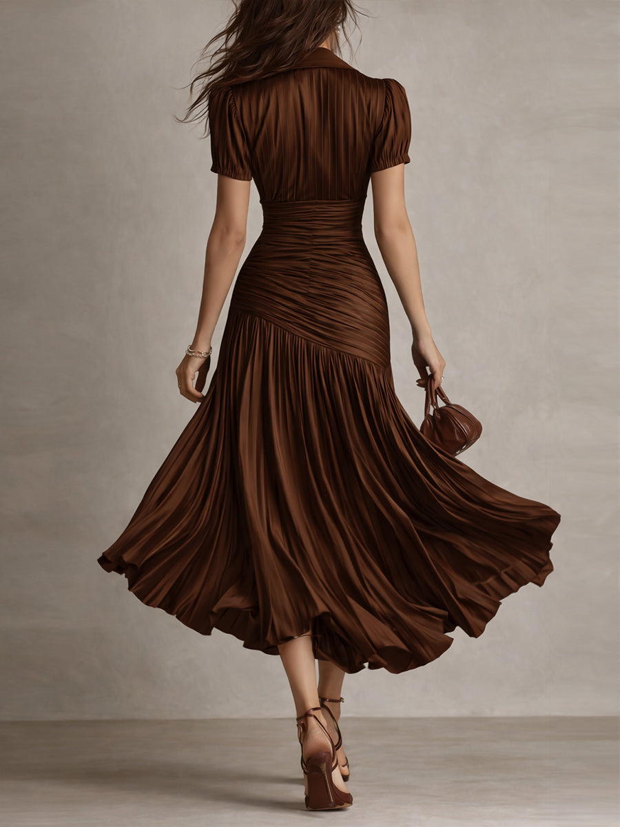 Striped Satin Midi Dress with Pleated Detail