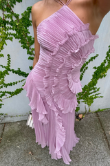 Pleated Halter Dress with Asymmetric Ruffles