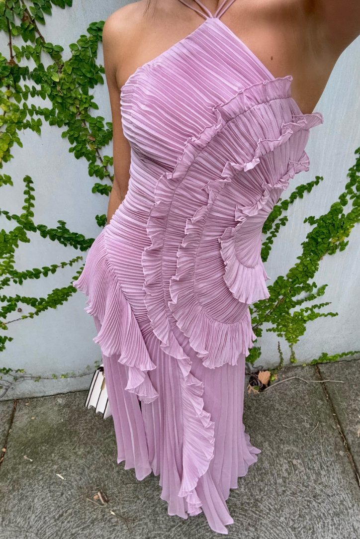 Pleated Halter Dress with Asymmetric Ruffles
