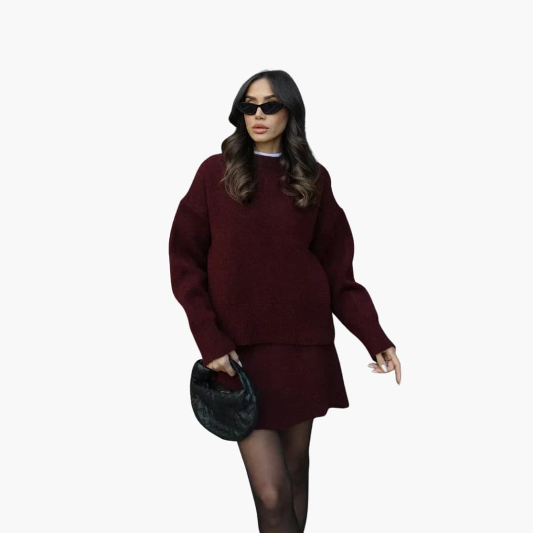 Black Knit Two-Piece Set with Crew Neck Sweater High Waist Mini