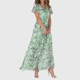Effortless Floral Maxi Dress for Women with V Neck Flutter Sleeve Flowing Chiffon Boho Style