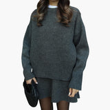 Chic Black Knit Two Piece Set for Women with Crew Neck Sweater High Waist Mini Skirt Lounge Style