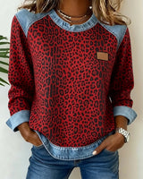 Comfortable Leopard Print Sweatshirt for Women with Crew Neck Long Sleeve Denim Colorblock Relaxed Style