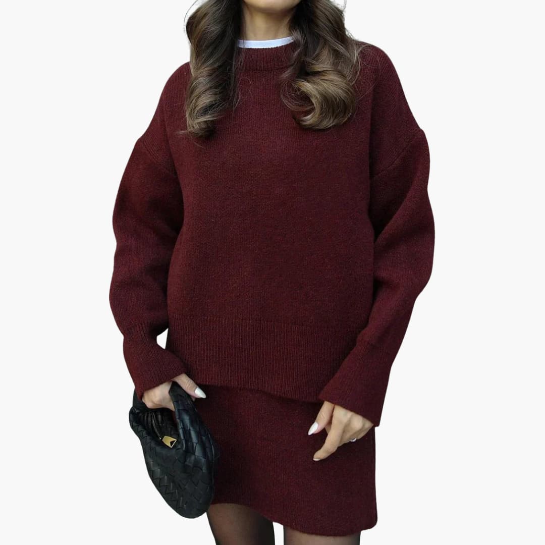 Black Knit Two-Piece Set with Crew Neck Sweater High Waist Mini