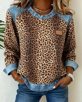 Comfortable Leopard Print Sweatshirt for Women with Crew Neck Long Sleeve Denim Colorblock Relaxed Style