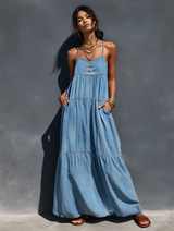 Women's Casual Blue Stretch Denim Loose-fitting Suspender Maxi Dress