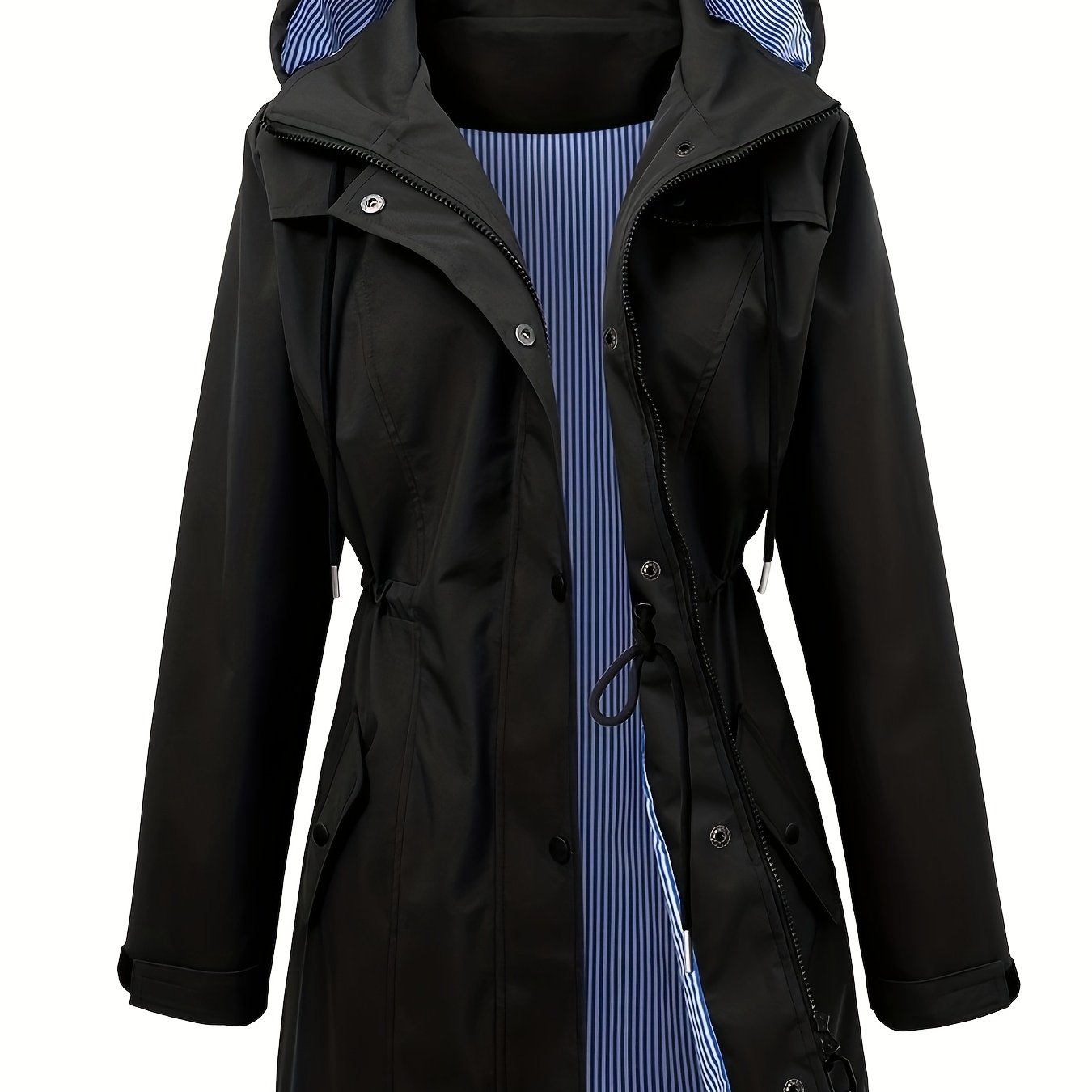 Hooded Rainwear Jacket with Drawstring Waist Zip Front Longline