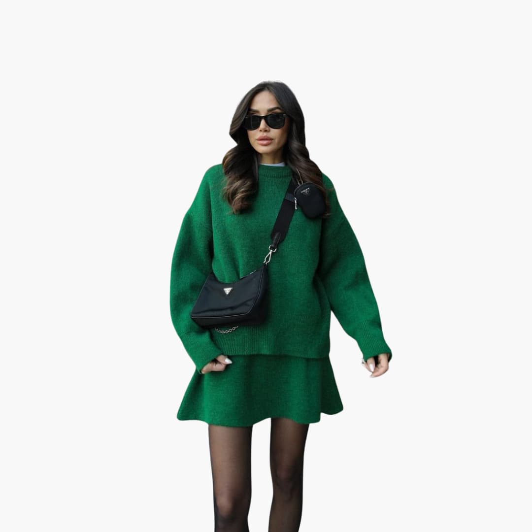Black Knit Two-Piece Set with Crew Neck Sweater High Waist Mini