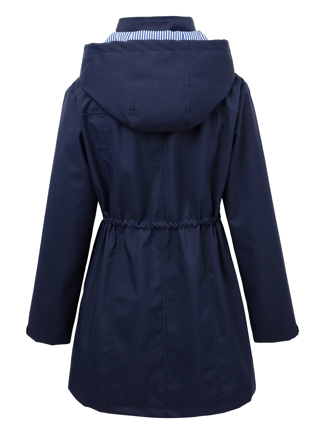 Chic Hooded Rainwear Jacket for Women with Drawstring Waist Zip Front Longline Windbreaker Outdoor Style