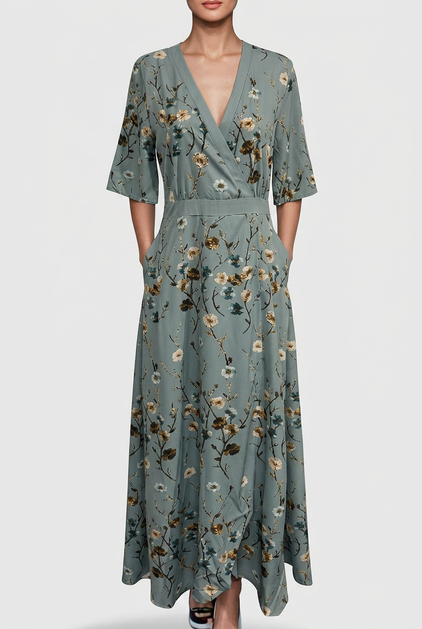 Floral V-Neck Maxi Dress with Contrast Waistband