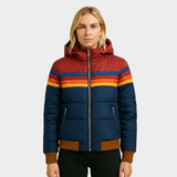 Cozy Retro Stripe Hooded Puffer Jacket for Women with Colorblock Ribbed Cuff Zip Front Insulated Winter Style