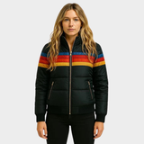 Cozy Retro Stripe Hooded Puffer Jacket for Women with Colorblock Ribbed Cuff Zip Front Insulated Winter Style