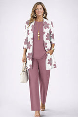 Three-Piece Set with Cardigan and Botanical Trousers