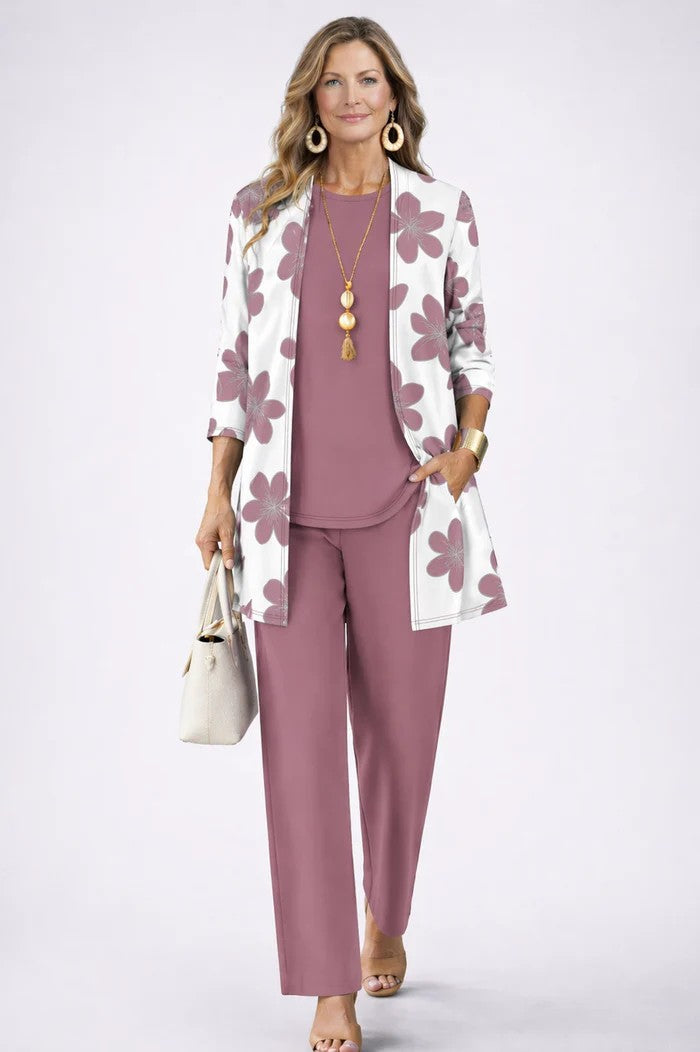 Three-Piece Set with Cardigan and Botanical Trousers