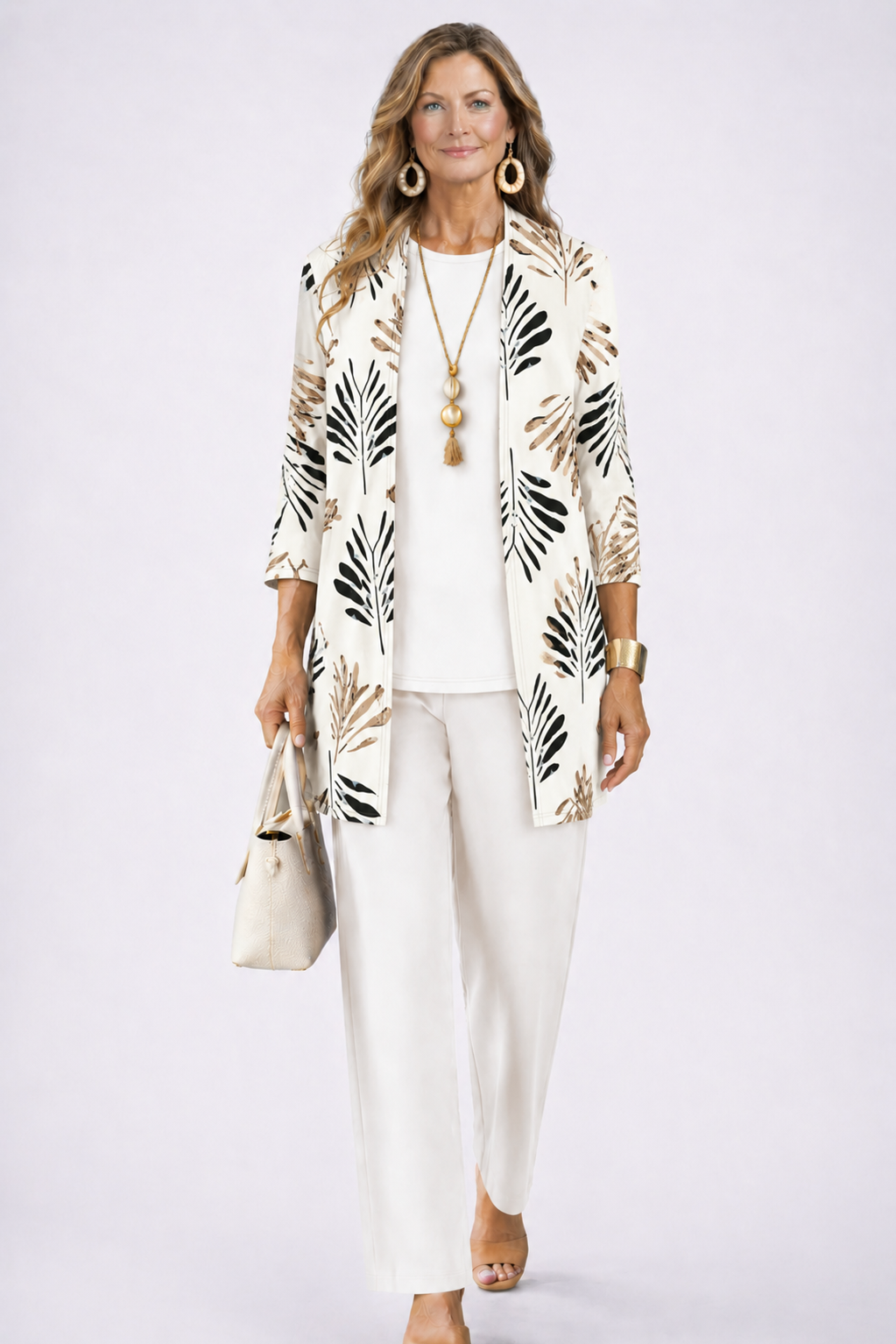 Three-Piece Set with Cardigan and Botanical Trousers