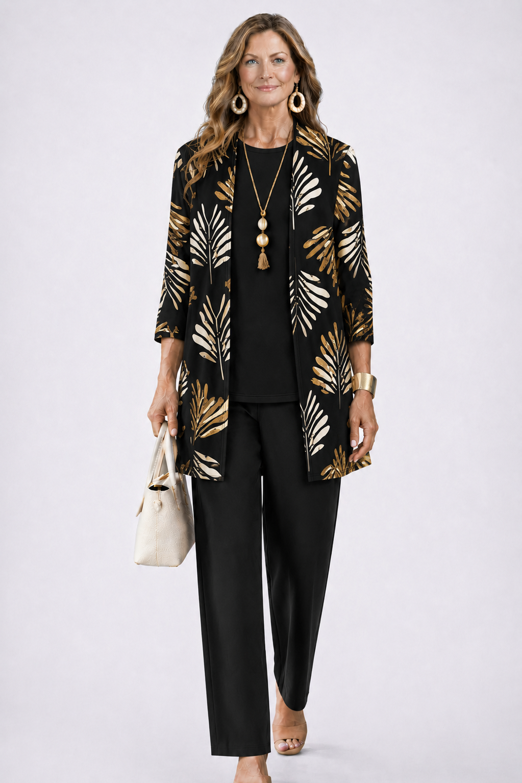 Three-Piece Set with Cardigan and Botanical Trousers