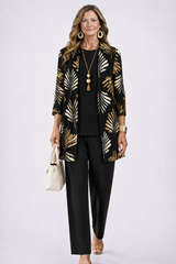 Three-Piece Set with Cardigan and Botanical Trousers