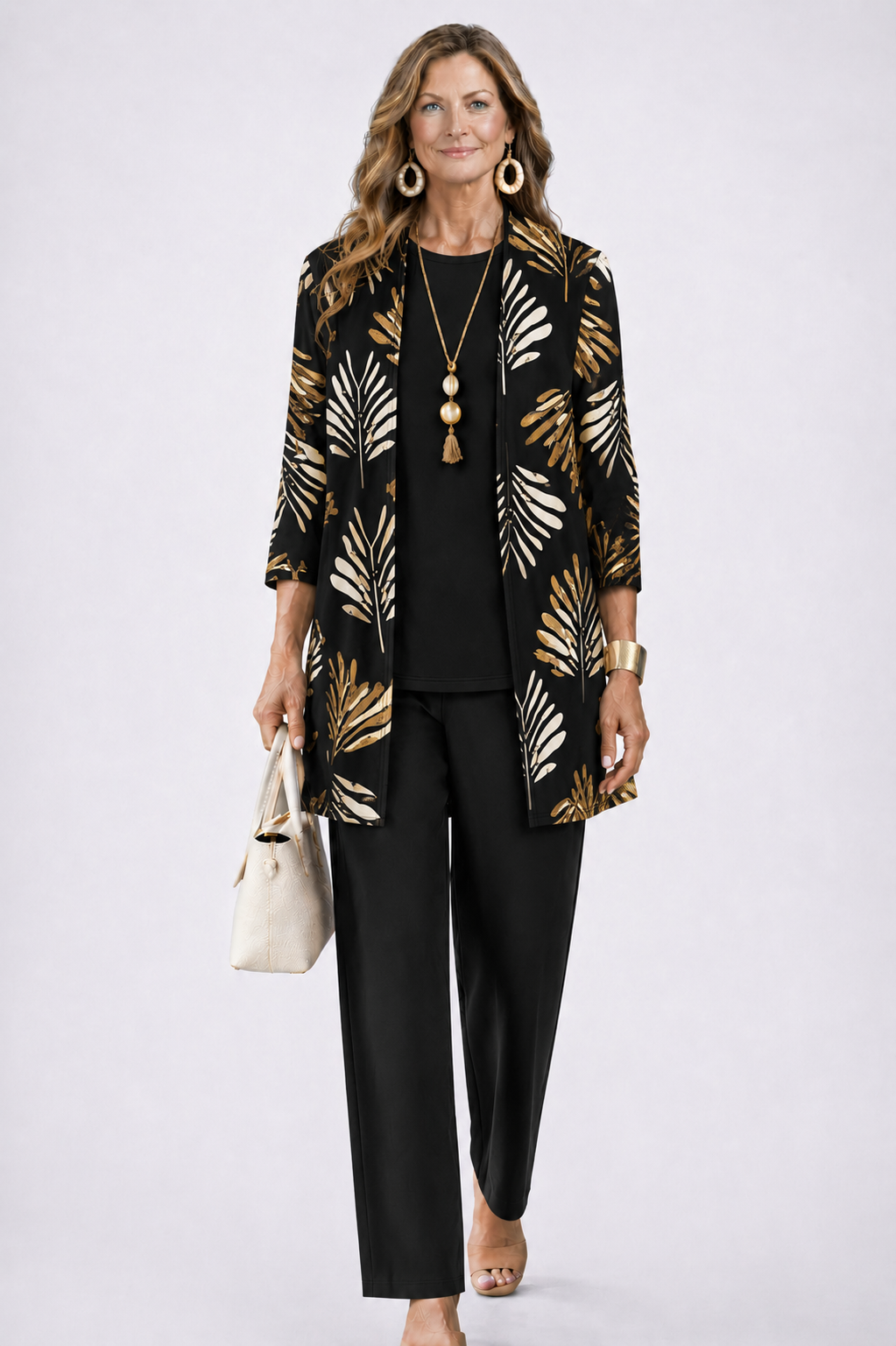 Three-Piece Set with Cardigan and Botanical Trousers