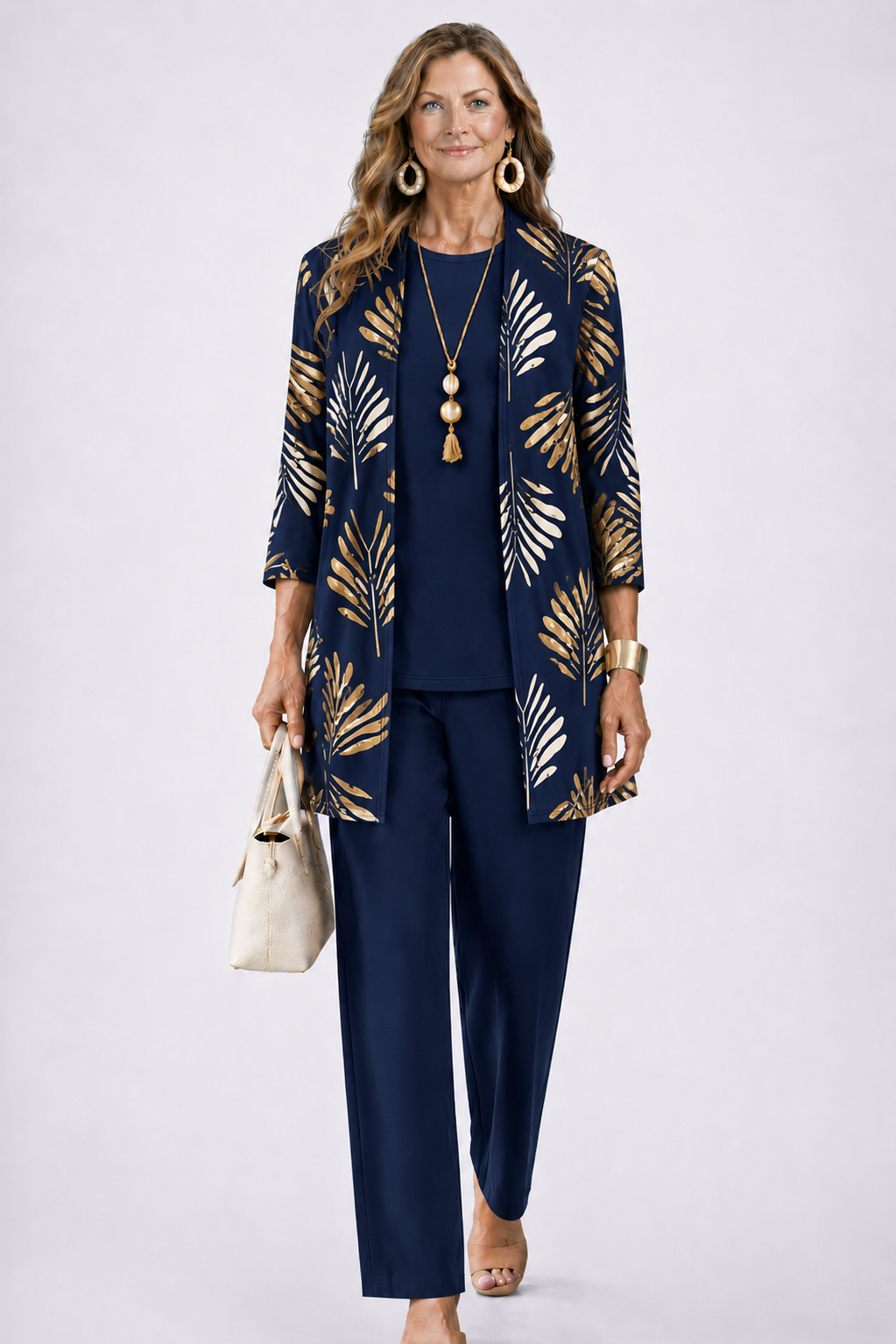 Three-Piece Set with Cardigan and Botanical Trousers